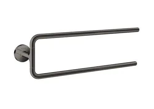 Handtuchhalter mit zwei Armen in Polished Black Chrome, montiert an einer Wand. Das Design ist modern und schlicht, mit der Marke AXOR sichtbar auf der Halterung.